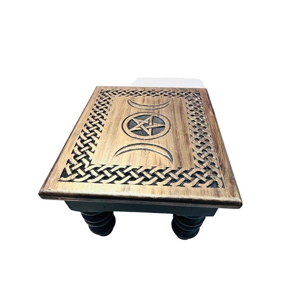 Handcrafted Triple Moon Altar Table with Pentagram - Wiccan Witchcraft Wooden Su - Picture 4 of 15